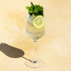 a glass filled with ice and lemon on top of a table next to a shadow