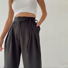 Black High Waist Tie Front Dress Pants Y2k Trousers, Tie Pants, Outfits Streetwear, Elegant Party Dresses, Harajuku Streetwear, Sports Trousers, Mode Casual, Autumn Casual, Spring Outfits Women