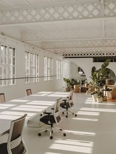 an empty conference room with white walls and windows