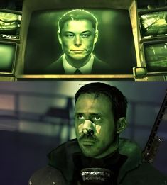 two pictures of the same man in front of a television screen and one with an alien face on it