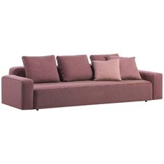 a pink couch with four pillows on it's back and one arm facing the camera