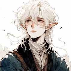 a drawing of a man with white hair and blue eyes wearing an elf's outfit