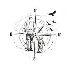 a black and white drawing of a man holding hands with a child in front of a compass