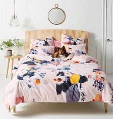 a dog is laying on a bed with pink and blue floral bedspreads