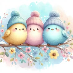 three little birds are sitting on a branch