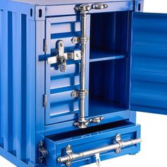 a large blue container with two drawers and one door open to reveal the contents inside