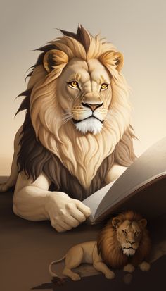 a lion laying down next to an open book with a smaller lion lying on the floor