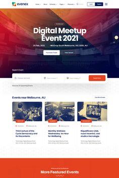 the event website is displayed on an orange and white background