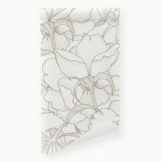 a drawing of flowers on a white wallpaper with brown and gray accents, along with a light grey background