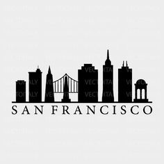 the san francisco skyline is shown in black and white, with text that reads city