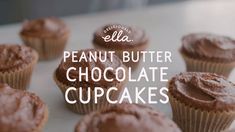 chocolate cupcakes with peanut butter on top and the words, peanuts butter chocolate cupcakes