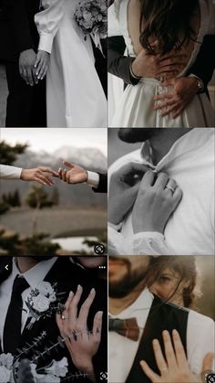 a collage of photos showing different types of wedding rings and groom's hands