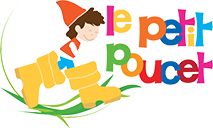 the logo for le petit poucet is shown in multicolored letters and an elf's hat