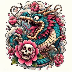 a dragon with flowers and skulls on it