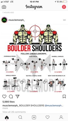 the bodybuilding app on an iphone shows how to do shoulder shoulders and chest exercises