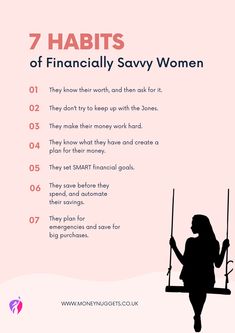 a woman sitting on a swing with the text 7 habitts of financially sav women