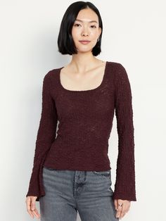 Textured Lace Scoop-Neck Top | Old Navy Layered Clothes, Cute Long Sleeves, Tops For Women Stylish, Winter Tops For Women, India Shopping, Lace Long Sleeve Top, Older Women Fashion, Flattering Tops, Scoop Neck Long Sleeve