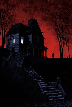 a creepy house with stairs leading up to it and a person standing in the doorway