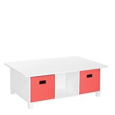 a white and pink coffee table with two red drawers on each side, against a white background