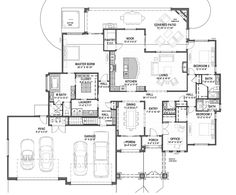 the floor plan for a house with three car garages and two living areas on each side