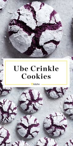 cookies with purple crinkle on top and the words, ube crinkle cookies