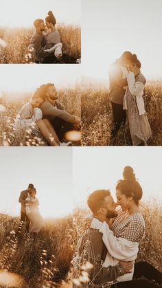 two people sitting in the grass with their arms around each other and one person kissing