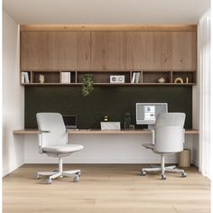 two white chairs sitting in front of a desk