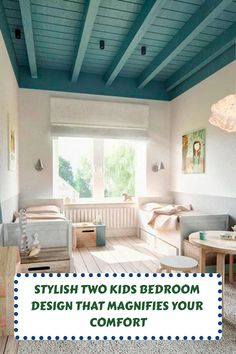 a bedroom with blue painted ceiling and white furniture in the room is featured on this page