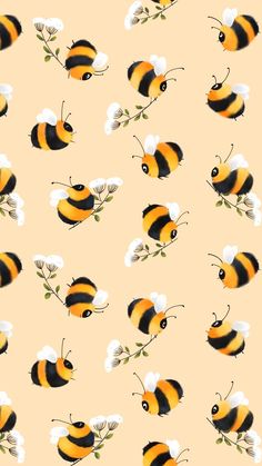 a bunch of bees that are on a yellow background with white and black flowers in the middle