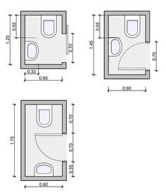 the measurements for a toilet and sink are shown in three different sizes, including one with an open door