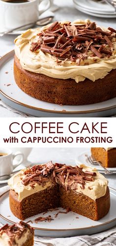 coffee cake with cappuccino frosting is cut into slices and served on plates