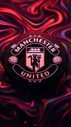 the manchester united logo is on top of a colorful liquid background with red and blue swirls