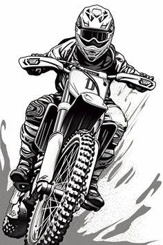 a black and white drawing of a person on a dirt bike riding down a hill