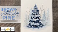 a snowy watercolor pine card on a wooden background with the words, snowy winter pine