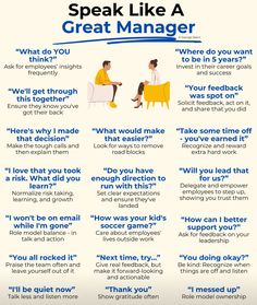 a poster with two people sitting in chairs talking to each other and the words speak like a great manager