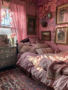 Detailed Room Decor, One Room Home Design, Rooms Inspo Aesthetic, Bedroom Ideas For Small Rooms Vintage, Pink And Purple Boho Bedroom, Aesthetic Bedroom Maximalist, Pink Whimsical Bedroom, Room Inspiration Aesthetic Boho, Pink Whimsigoth Bedroom