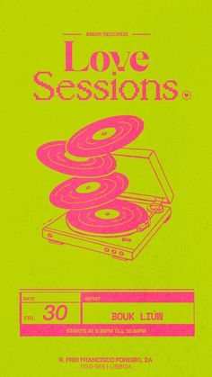 the poster for love session is shown in pink and green colors on a yellow background