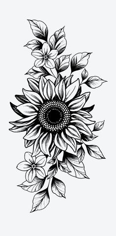 a black and white drawing of a sunflower with lots of leaves on the petals