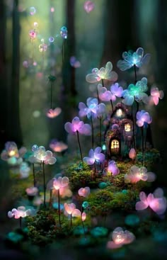 a fairy house in the middle of a forest with bubbles floating around it's roof