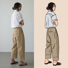 a woman standing in front of a white wall next to a drawing of a person wearing brown pants