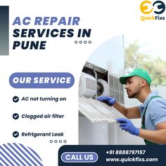 a man in blue shirt and gloves working on an air conditioner with the words ac repair services in pune