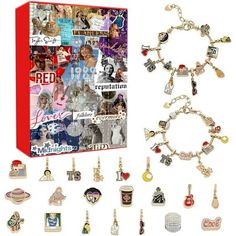 an assortment of charm bracelets and necklaces are shown in front of a red box