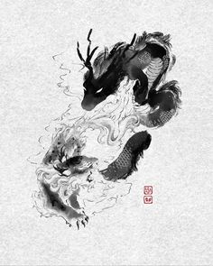 two black and white dragon with red calligraphy on the left side of the image