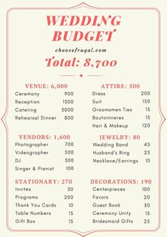 a menu for a wedding with prices and details on the front page, in red