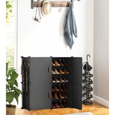 a shoe rack with shoes hanging on the wall