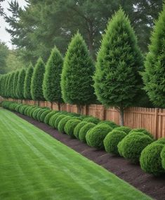 a row of trees line the side of a wooden fence