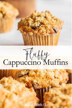 a muffin with crumbs on top and the words puffy cappuccino muffins above it