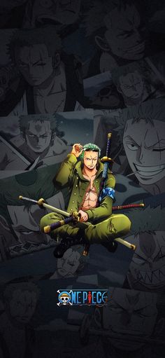 an anime character with two swords in his hand and one arm up, sitting on the ground