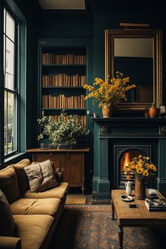 a living room filled with furniture and a fire place in front of a book shelf