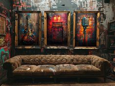 a living room with couches and paintings on the wall